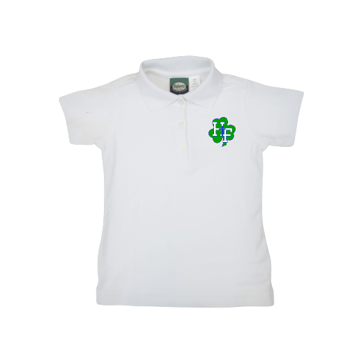 Female Fit Short Sleeve Polo Shirt with Holy Family of Ashland Logo.