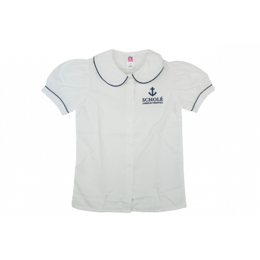 Round Collar Blouse with Navy Piping and Scholé Christian Logo